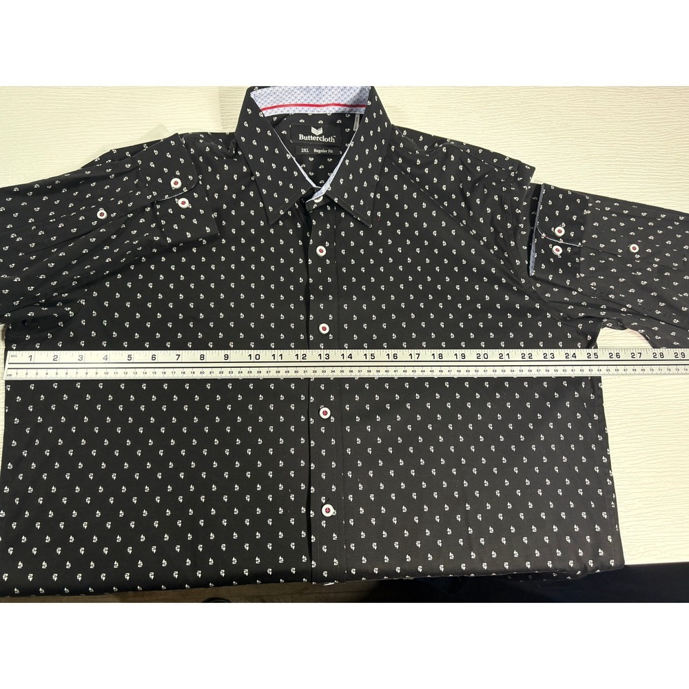 Buttercloth Mens 2XL Regular Fit Long Sleeve Button Shirt Black Print MC0016 - Picture 6 of 7